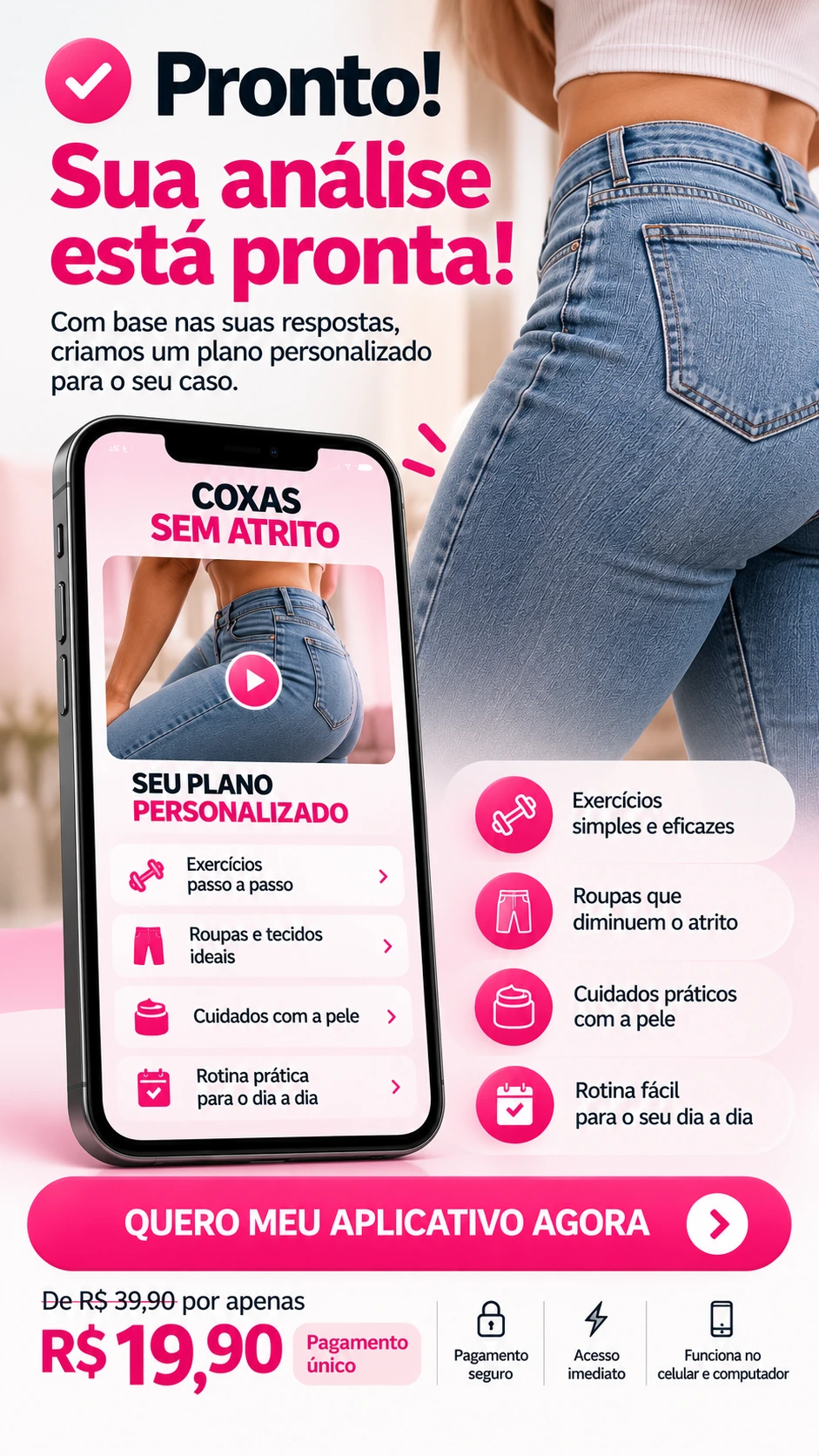 Coxas Sem Atrito. Aplicativo com exercícios, roupas e tecidos ideais, cuidados com a pele e rotina prática. R$ 19,90, pagamento único.